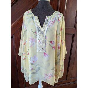 Belle Kim Gravel Floral Sheer Yellow Bell Sleeve Tunic Embellished V-Neck 2X